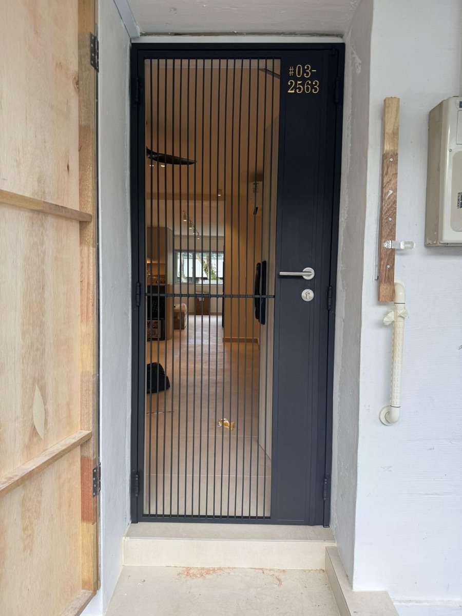 Modern black mild-steel gate, installed by Door Empire Singapore
