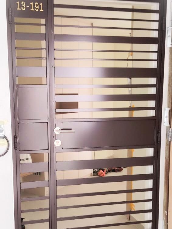 Taupe horizontal-slat privacy gate, installed by Door Empire Singapore