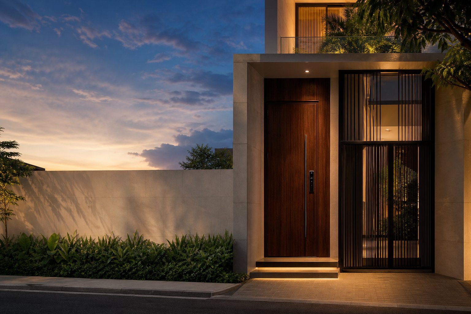 Premium timber main door with a black metal gate and smart digital lock at a modern Singapore home
