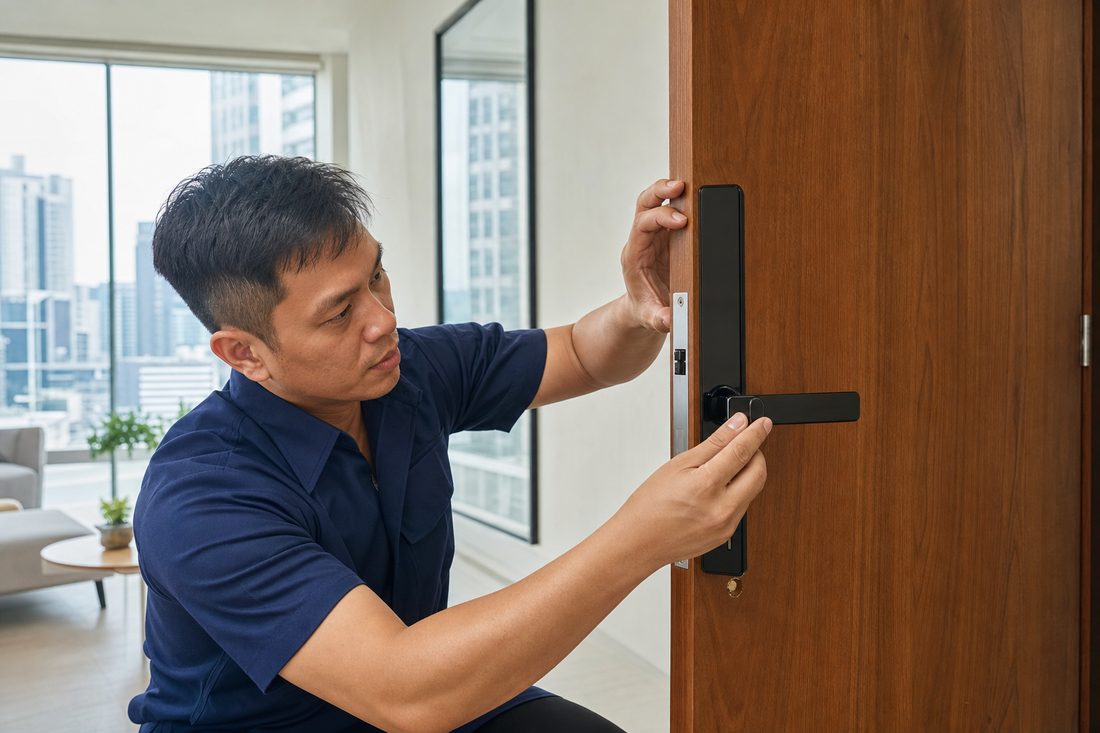 Door Empire installer fitting a smart digital lock in Singapore