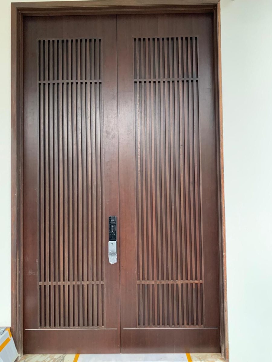 Fluted timber double main door, installed by Door Empire Singapore