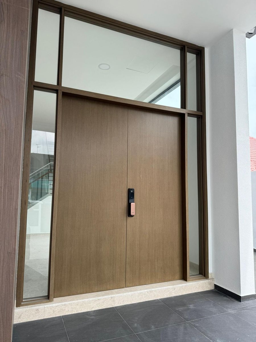 Laminate main door with glass side panel, installed by Door Empire Singapore