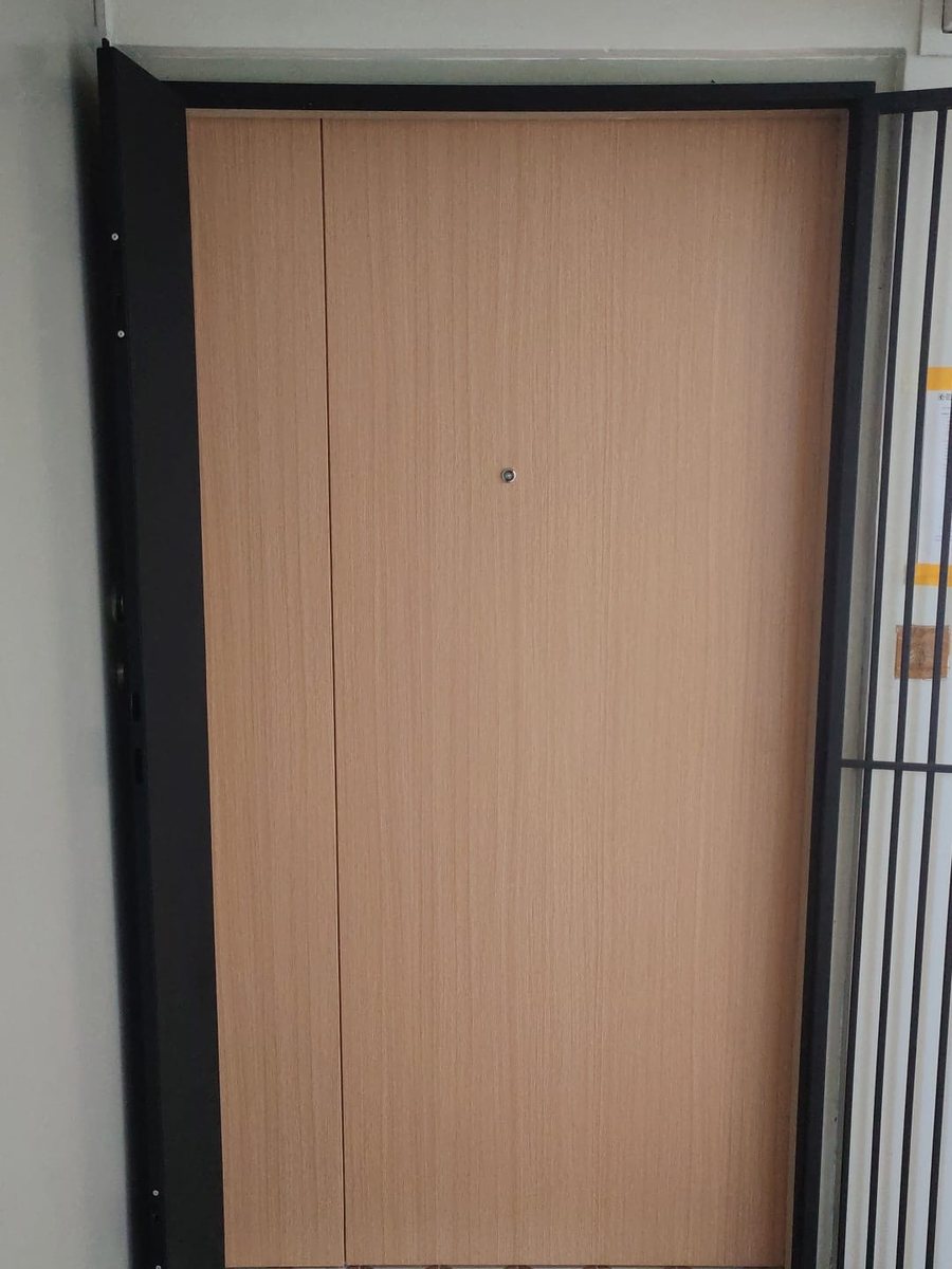 Light laminate main door with gate, installed by Door Empire Singapore
