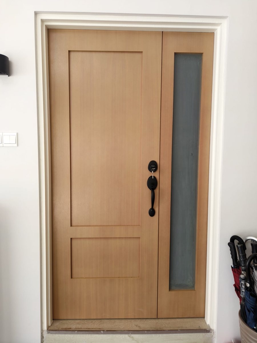 Timber main door with side glass, installed by Door Empire Singapore